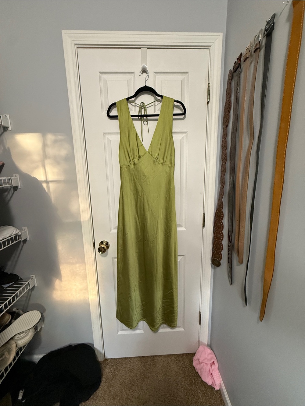 Satin V-Neck Olive Green Slip Dress - Women's